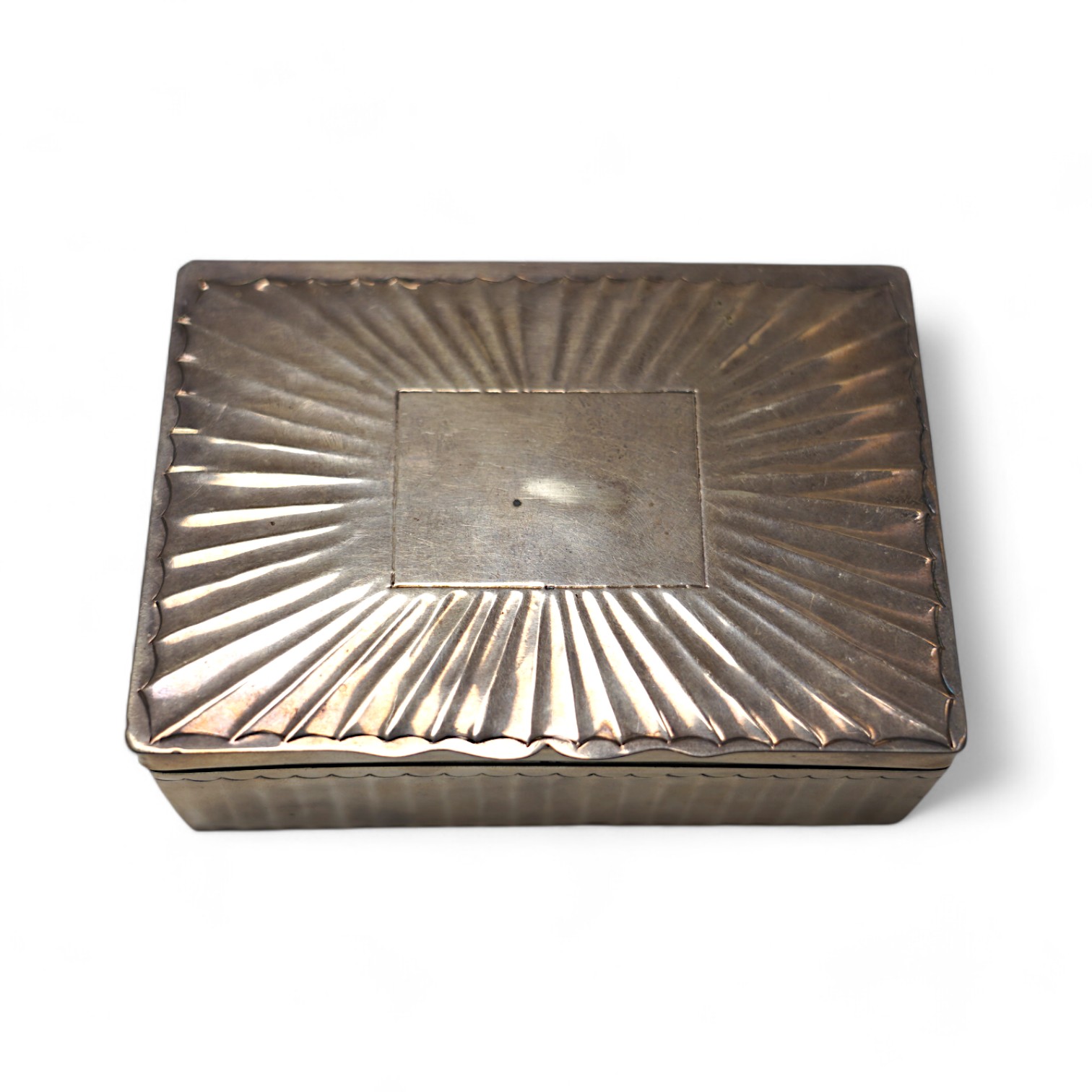 A white metal cigarette box, 11.6cm, 7.4oz. Condition - poor